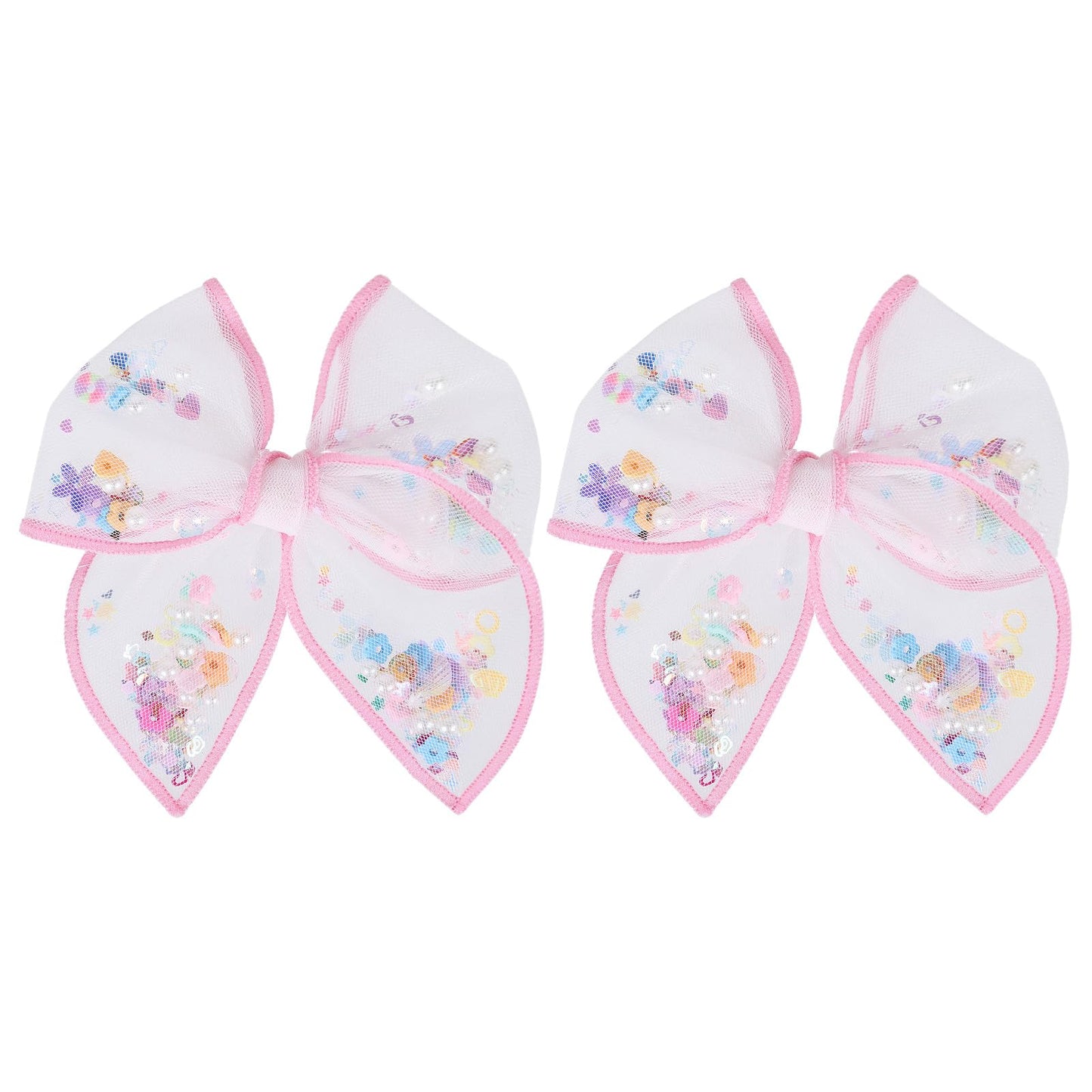 4  Pink Floral Mesh Ribbon Hair Bow Clips for Girls, 2pc Flower Shaker Fable Bow Alligator Hairpins, Spring Summer Birthday Part