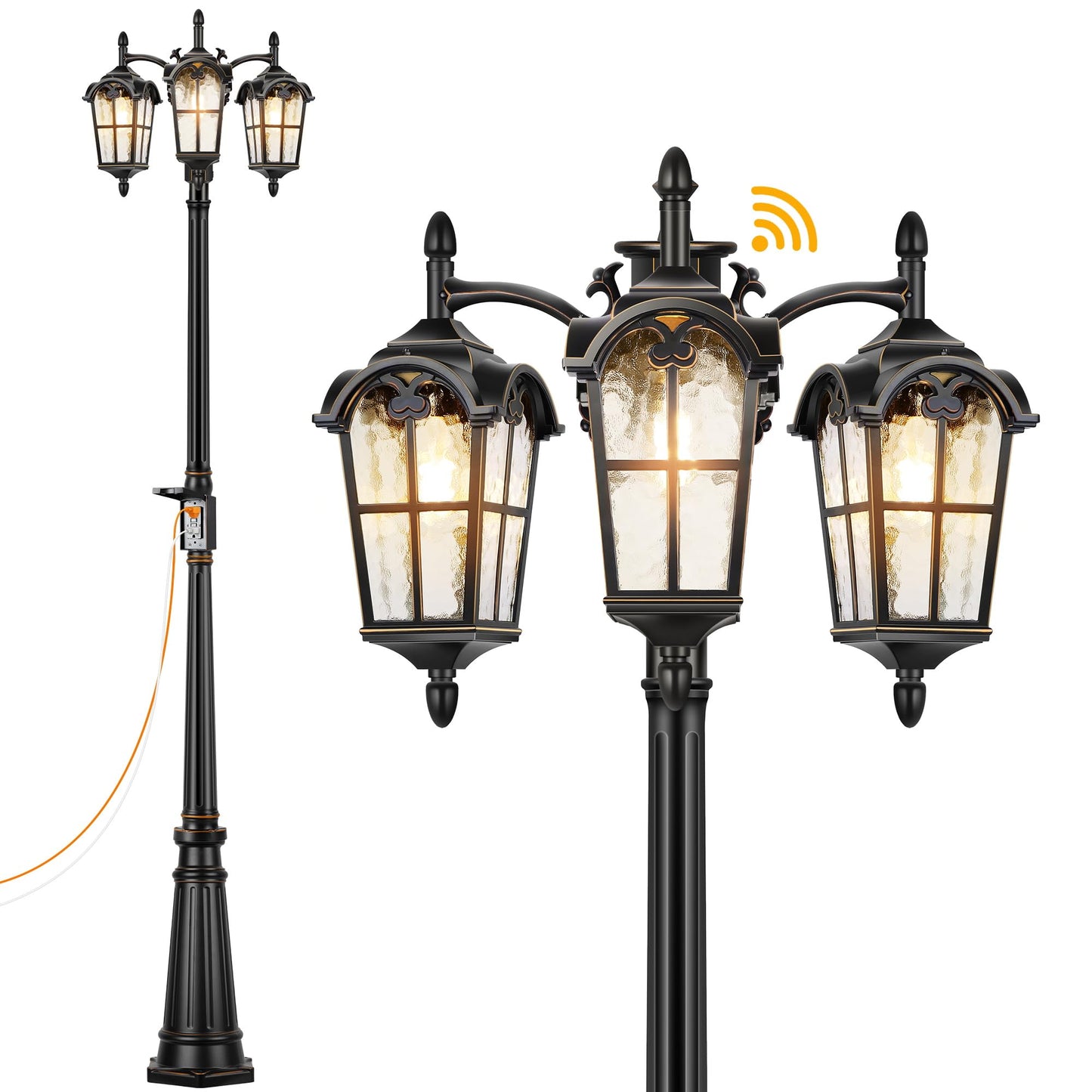 PARTPHONER Vintage Dusk to Dawn Outdoor Lamp Post, Triple Head, Waterproof, Black with Gold Trim, Model PAPO080AB1