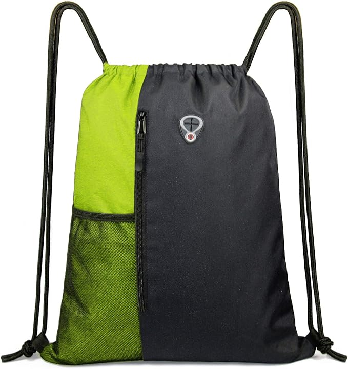 Drawstring Backpack Sports Gym Bag for Women Men Large Size With Two Zipper Pockets and Water Bottle Mesh Pockets