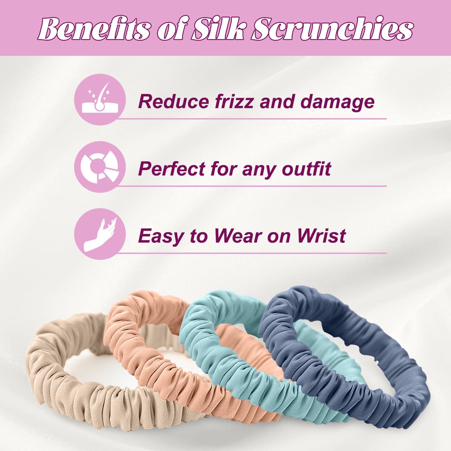 4Pcs Mulberry Silk Scrunchies & Hair Ties - No Crease Skinny Scrunchies Elastic Set for Women All Hair Types, Reduces Breakage (