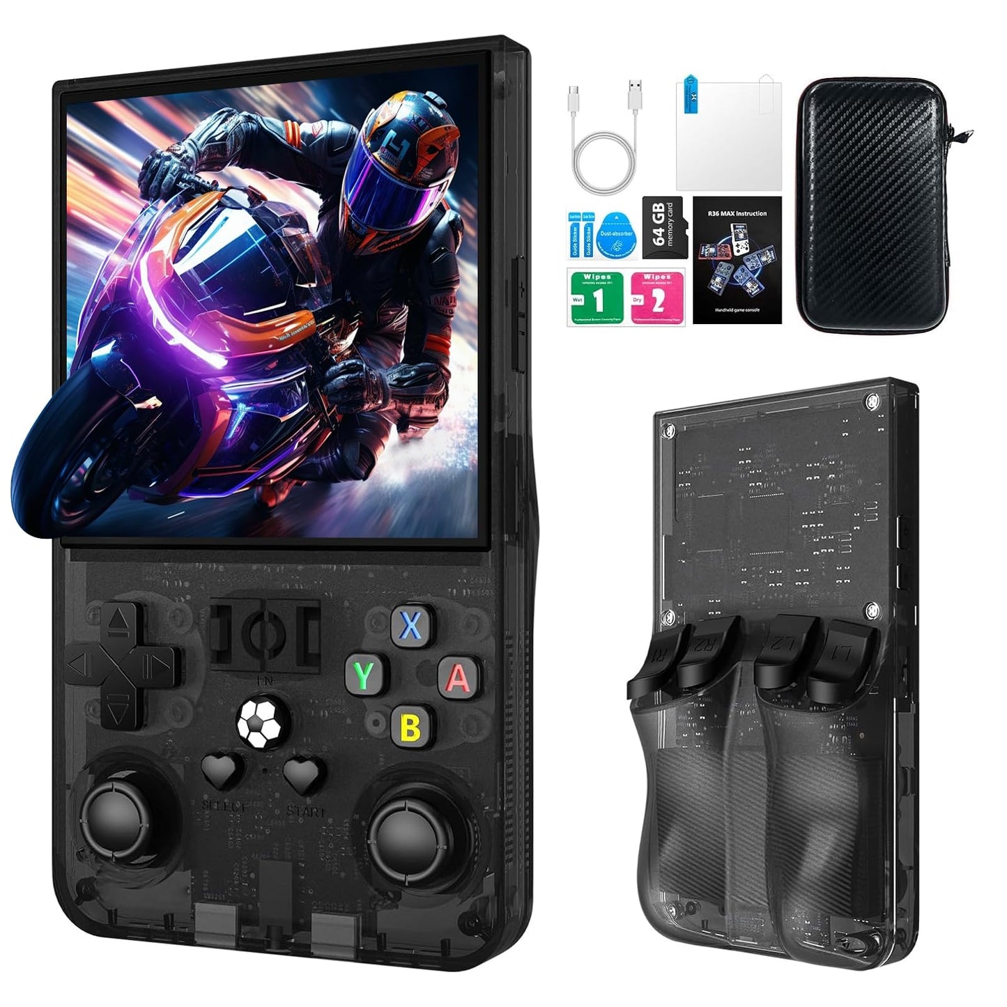 R36MAX Retro Handheld Game Console, 4.0 Inch IPS HD Screen Retro Gaming Console, Linux System, 20＋Mainstream Emulator Games Retro Game Console, 4000mAh Battery, Built-in 64G TF Card, Black