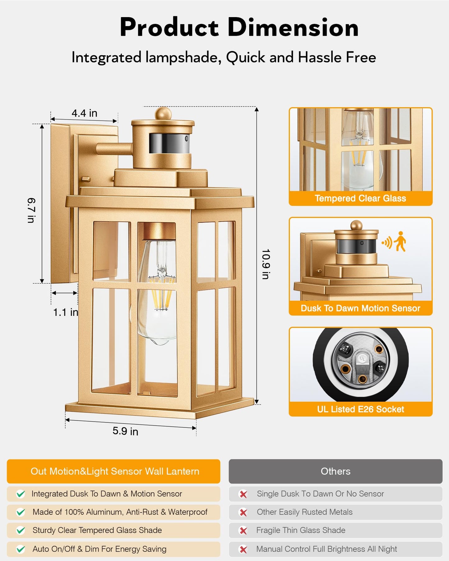 Opaxis Motion Sensor Outside Lights For House  Modern Dusk To Dawn Outdoor Lighting  2 Pack Gold Anti-Rust Outdoor Wall Lights With Transparent Glass  Waterproof Outdoor Porch Lights For House  Patio