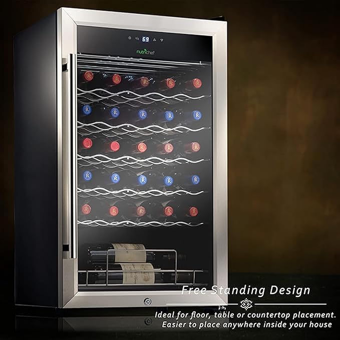 Nutrichef 34 Bottle Wine Fridge - Single Zone Beverage Refrigerator with Adjustable Temperature 41°F - 64°F, Ultra Quiet Operation Wine Cooler for Home, Office & Kitchen, Stainless Steel