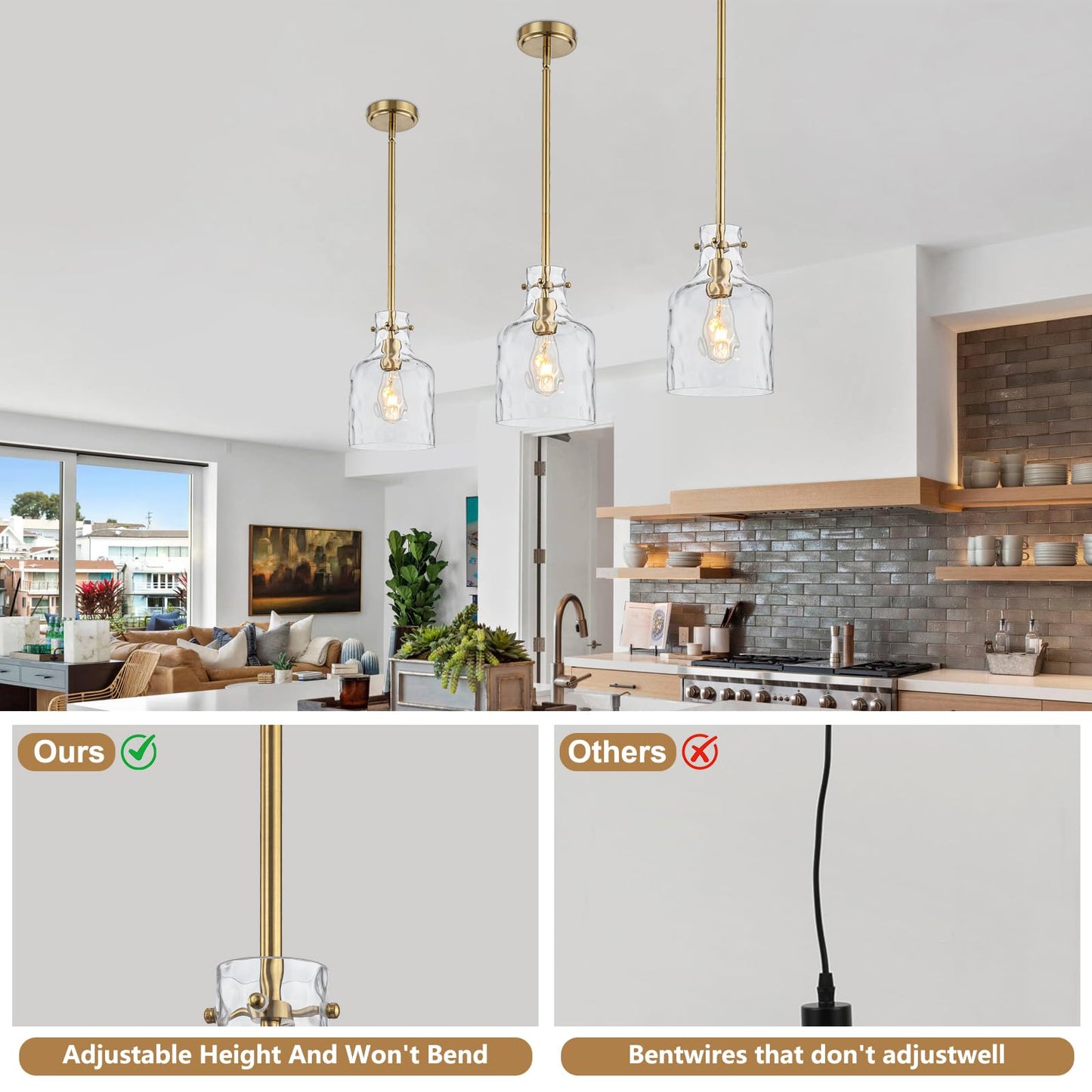 Wilon Pendant Light Fixtures Glass Pendant Lighting For Modern Kitchen Island Adjustable Hanging Ceiling Light 7 Hammered Glass Shade Pendant Lights For Dining Room Kitchen Sink  Gold Metal Finish
