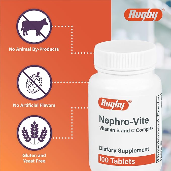 Rugby Nephro-Vite Vitamin B and C Complex Tablets - Dietary Supplement - 100 Count (2 Pack)
