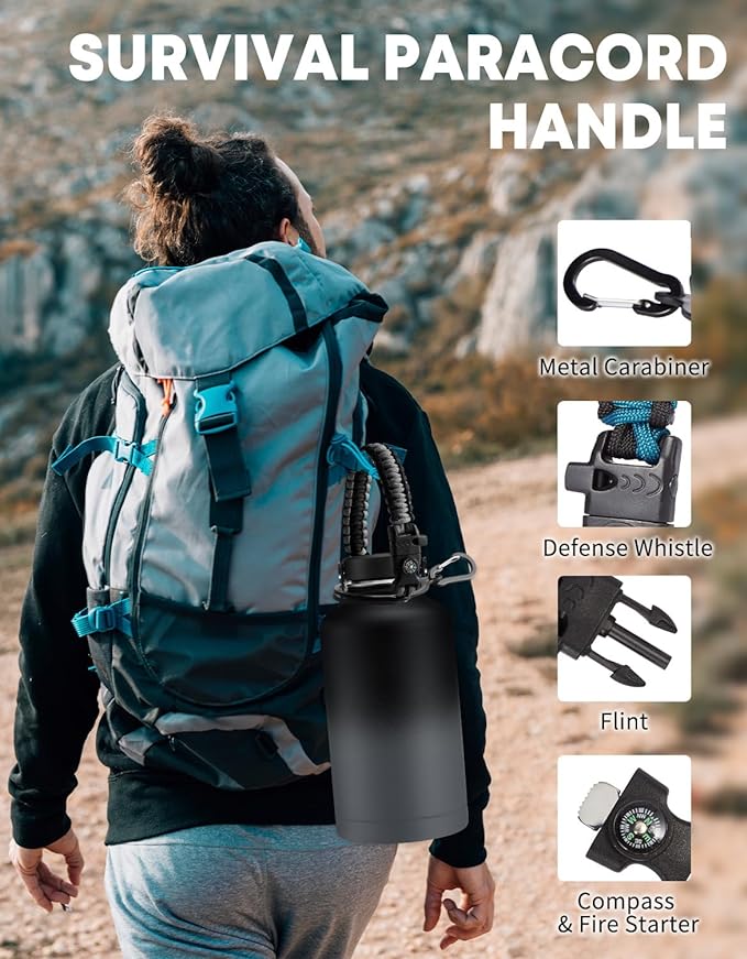 Half Gallon Insulated Water Bottle - Combo Carrier Bag with Strap, Paracord Handle, Straw & Flex Cap, Silicon Bottle Boot, Large Water Bottles 64 oz, Sweat Proof Metal Vacuum Flasks 1/2 Gallon Jug