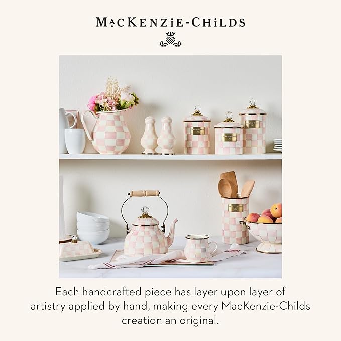 MACKENZIE-CHILDS Enamel Utensil Holder, Kitchen Utensil Holder for Countertop, Storage Caddy, Pink-and-White Rosy Check