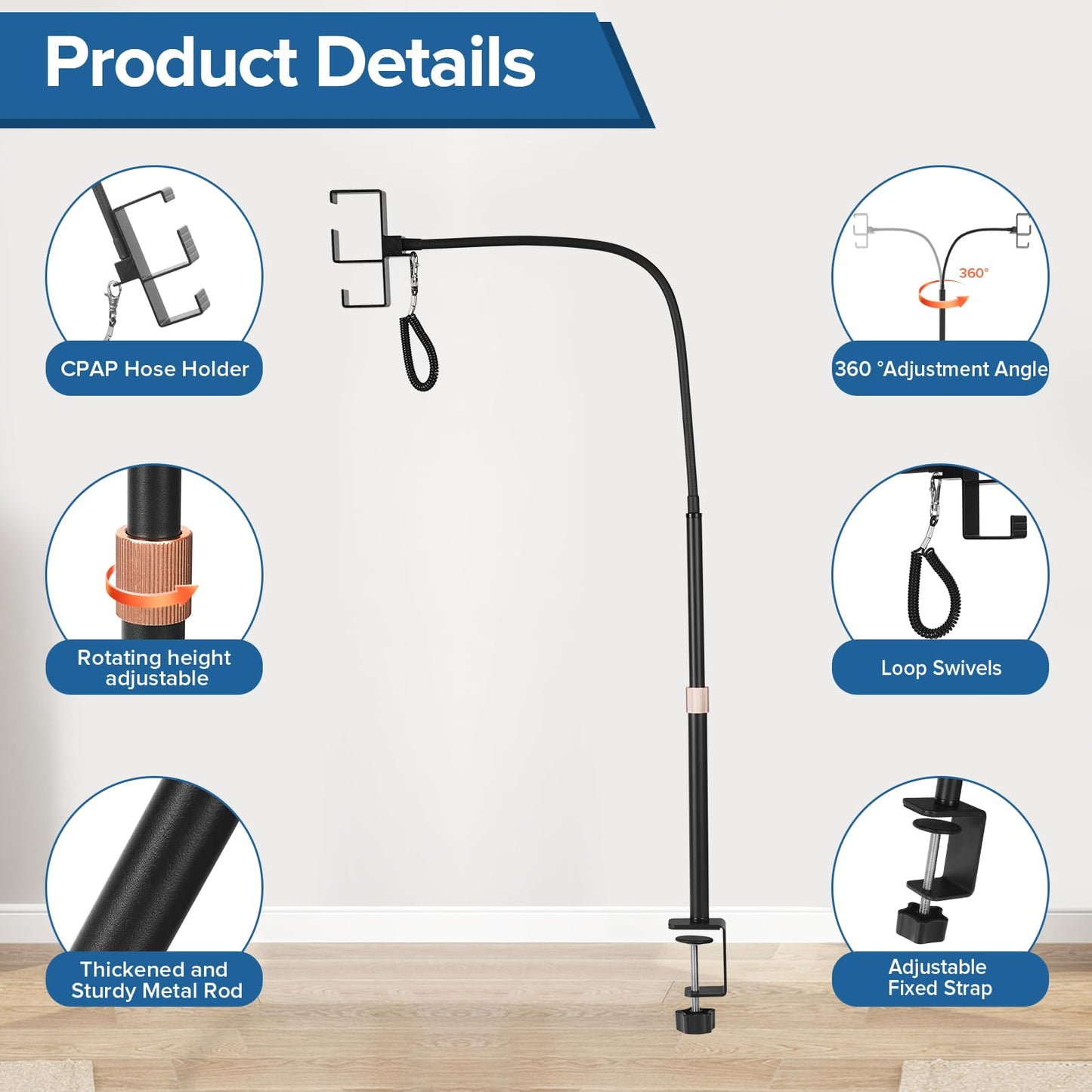 CPAP Hose Holder for Bedside – All-Metal CPAP Hose Hanger with Aluminum Hook, Easy Clip-On CPAP Stand for Travel – No Wall Damage, Fits ResMed, Philips, AirSense Tubing