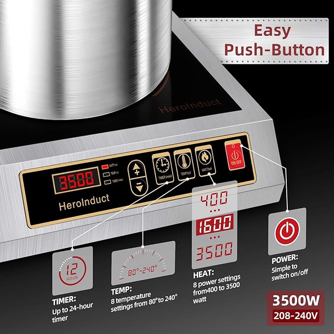 Induction Cooktop 208-240V 3500W Commercial Induction Burner Dual IGBT Modules 8 Heating Level Sensor Push-Button Premium Stainless Steel Housing Crystal Glass Electric Cooktop（Black）