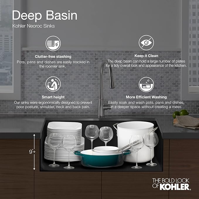 KOHLER K-8206-CM4 Cairn Sink, 33" Neoroc Composite Undermount Single-Bowl Kitchen Sink, Composite Kitchen Sink with Sink Rack, Matte Grey