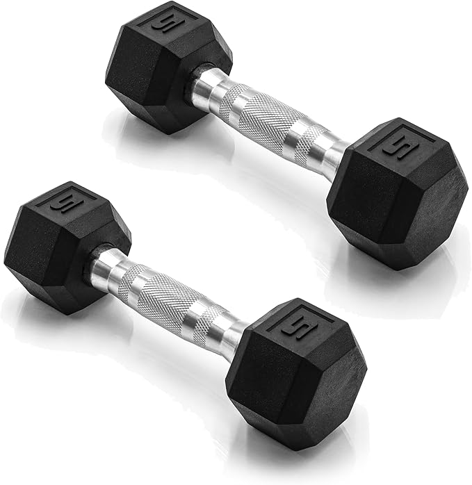 CAP Barbell 5 LB Rubber Coated Hex Dumbbell Hand Weight - Pair | Chrome Handle