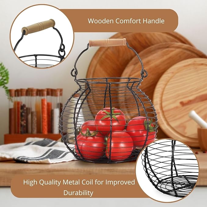 Flexzion Chicken Egg Basket Wire Egg Holder with Wooden Handles for Egg, Fruits, Vegetables Storage, Display Metal Mesh, Basket Holder Countertop for Farmhouse Rustic Kitchen Counter Organizer, Black