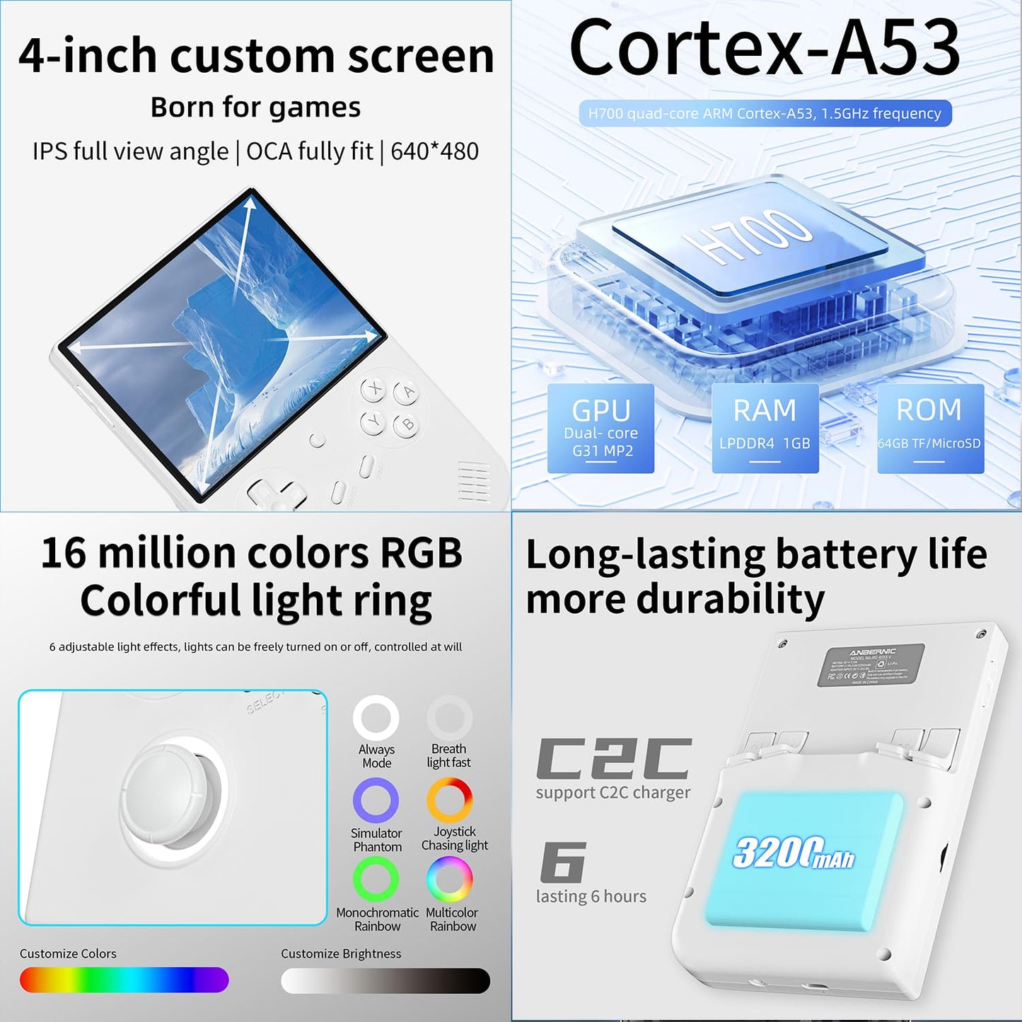 RG40XX V Handheld Game Consoles RG40XXV Retro Game Console Built-in 64G TF Card Preloaded Games 5000+ RG 40XXV Portable Gaming Console Linux 64-bit Supports WiFi Bluetooth HD Output White