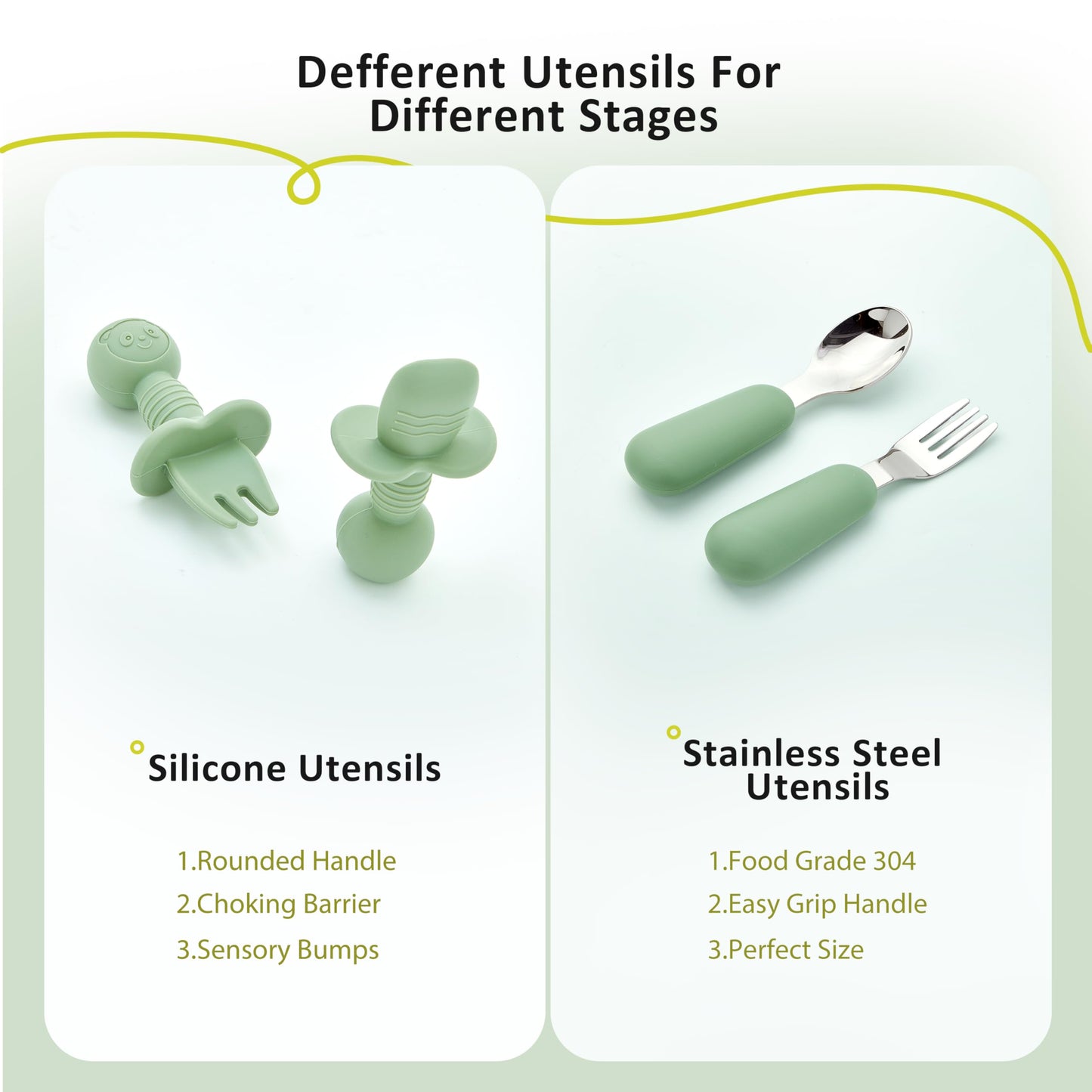 Bufims Silicone Baby Feeding Set, Baby Led Weaning Supplies, Eating Essentials Utensils with Suction Plate and Bowl, Pocket Bib, Sippy Cup with Lid, Forks Spoons Snack Container, for 6+ Months, Green
