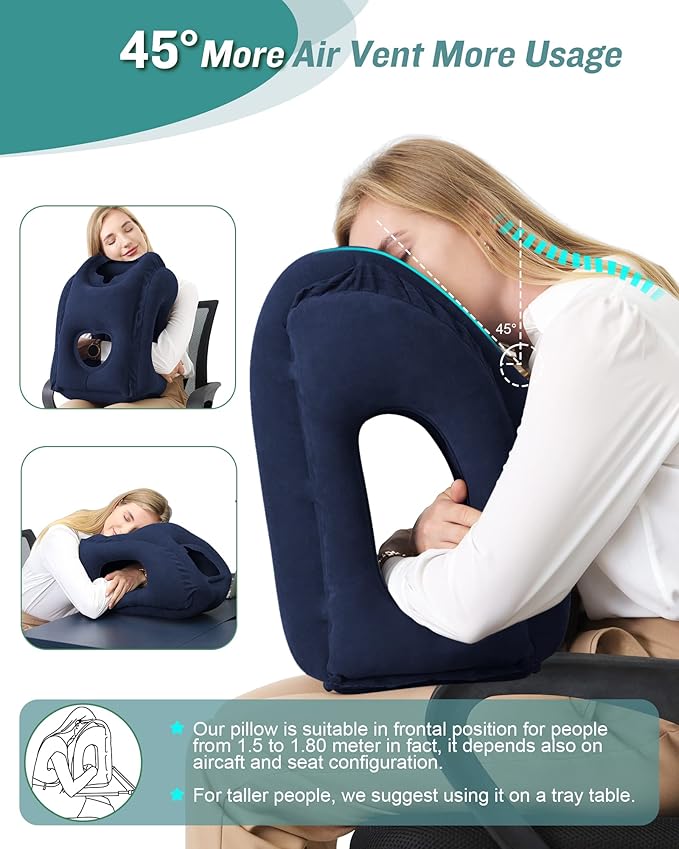JefDiee Inflatable Travel Pillow, Airplane Neck Pillow Comfortably Supports Head and Chin for Airplanes, Trains, Cars and Office Napping with 3D Eye Mask, Earplugs and Portable Drawstring Bag (Blue)