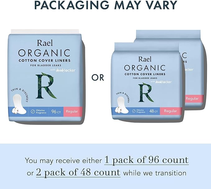 Rael Incontinence Liners for Women, Organic Cotton Cover, Postpartum Essential, Moderate Absorbency, Bladder Control, 4-Layer Core with Leak Guard Technology (Regular, 96 Count)