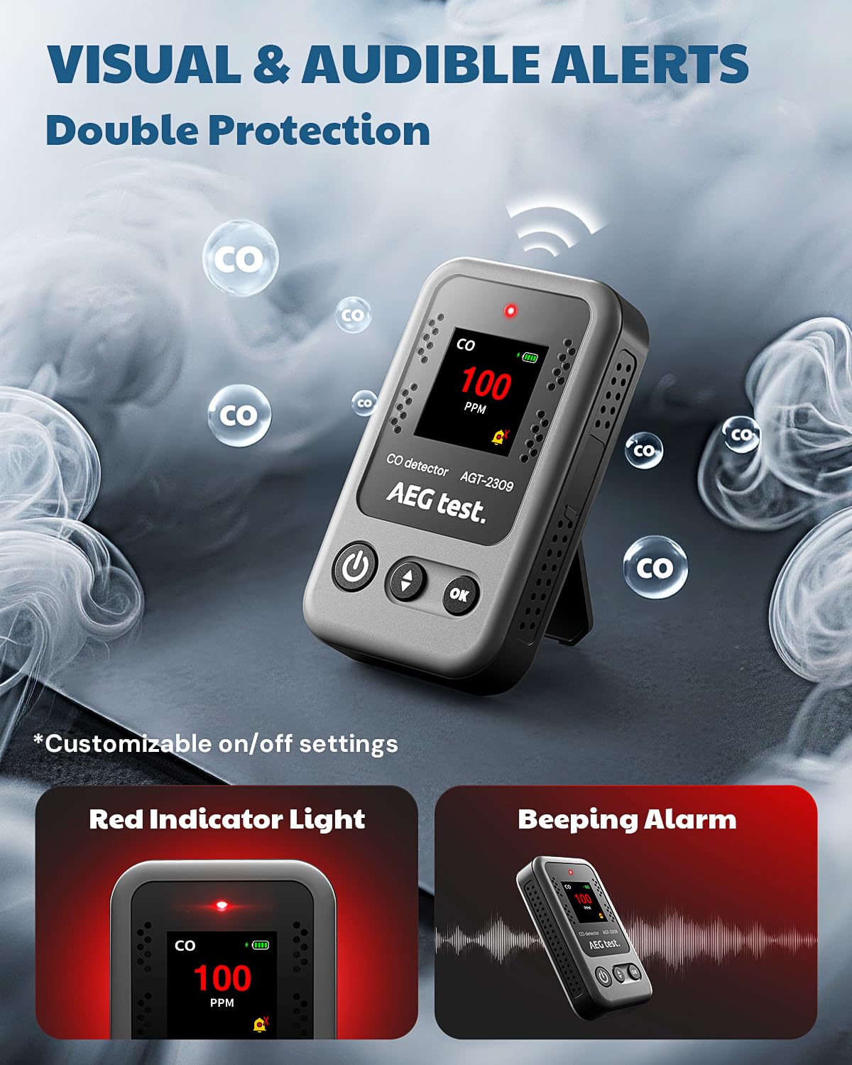 AEGTEST AGT-2309 Portable Carbon Monoxide Detector, 15-Day Standby, Rechargeable Mini CO Monitor with Lanyard for Travel & Camping, Handheld CO Meter with Audible & Visual Alerts, 0-1000ppm - Gray