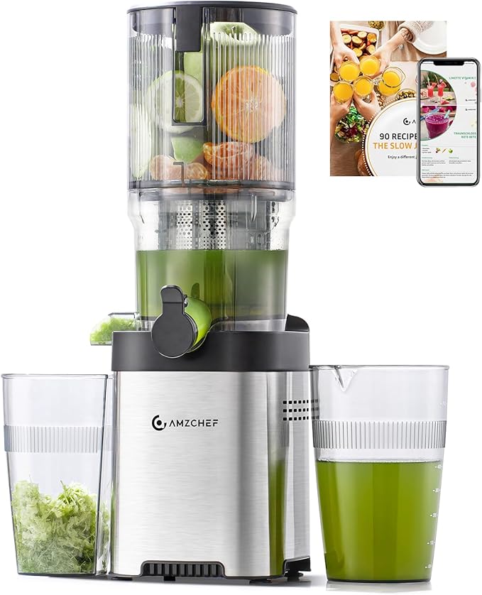 Cold press Juicer Machines with 5.4" Extra Self-Feeding for Whole Vegetable & Fruit, Juice Extractor with Large Auger & Triple Strainers, Easy to Clean, High Juice Yield, Stainless Steel Silver
