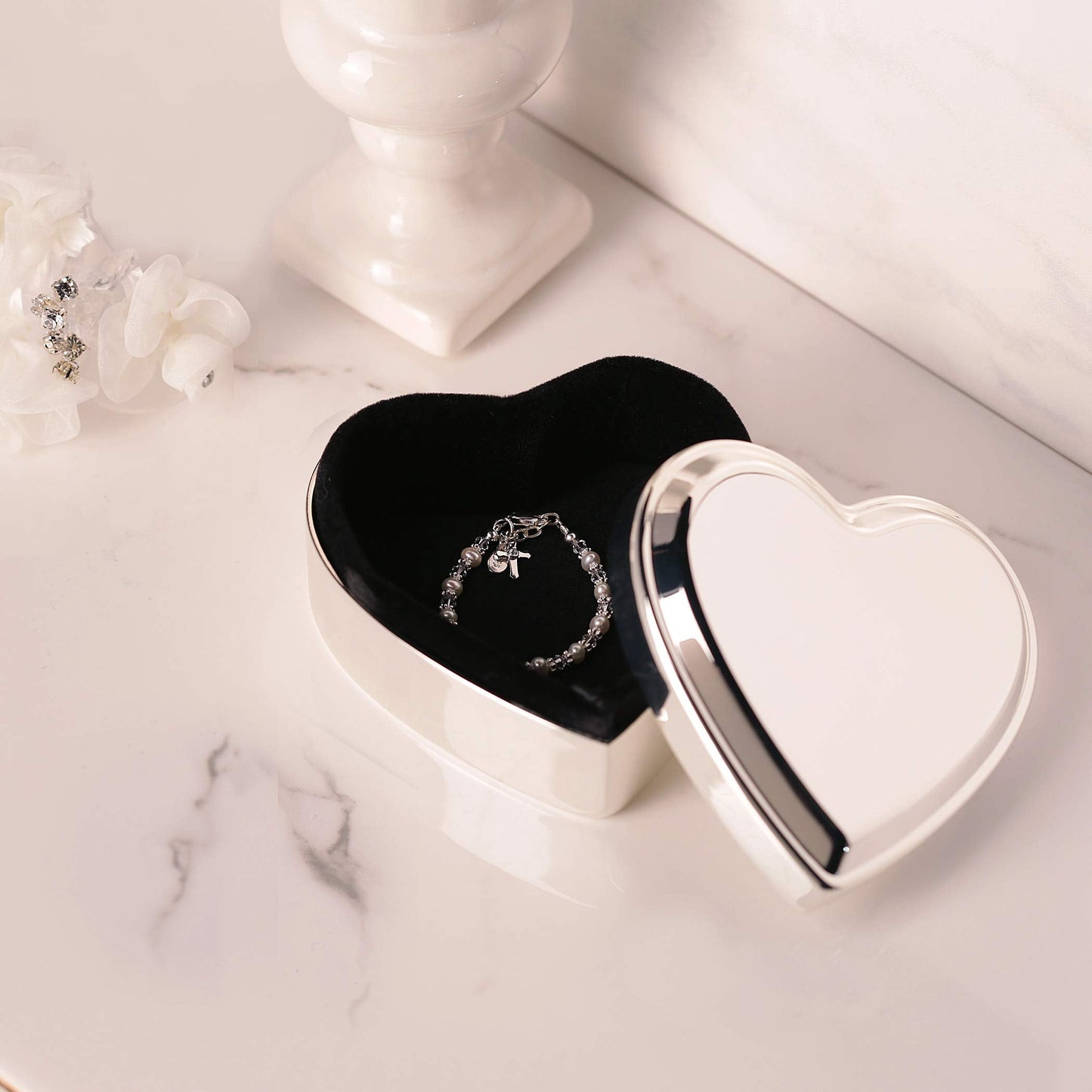 Cherished Moments Personalized Heart Jewelry Keepsake Box with Custom Engraved Cross and Name for Baby Baptism Gift for Girls, S
