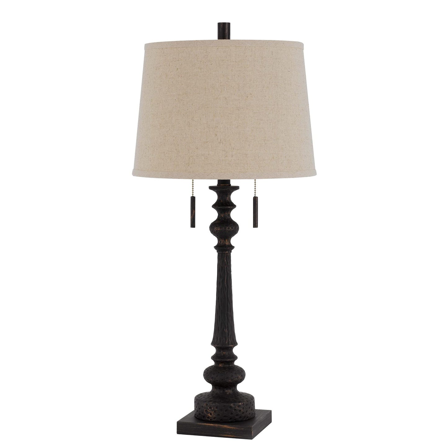 Benzara Table Lamp with Tubular Resin Support, Pull Chain, Dark Bronze, Model BM241869, Plastic/Metal/Fabric