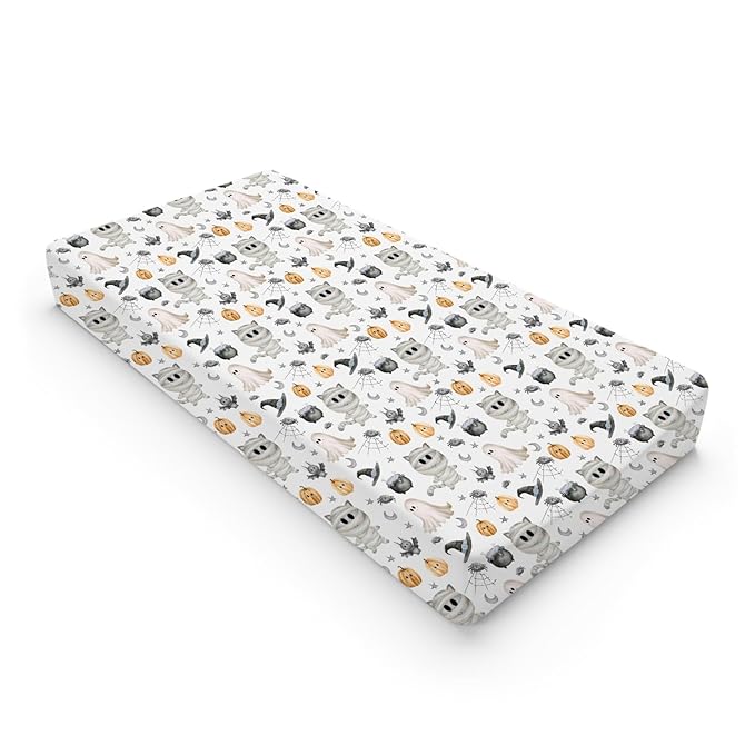 Spooky Halloween Friends Baby Changing Pad Covers Cute Ghost Cats Bats Pumpkin Witch Nursery Diaper Changing Table Sheets for Boy Girl Halloween Party Soft Stretchy Fitted Change Table Mats 32''x16''
