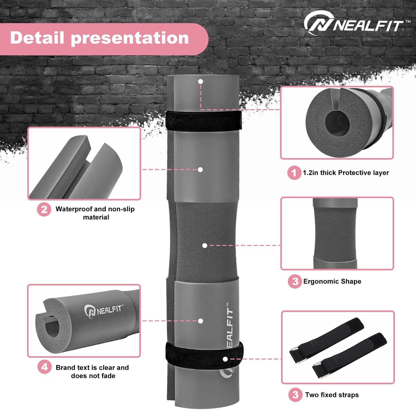NEALFIT Barbell Pad Squat Pad for Squats—Squat Bar Pad—Great for Weightlifting,Lunges and Hip Thrusts—Foam Sponge Pad—Fit Standard and Olympic Bars Perfectly (Grey)