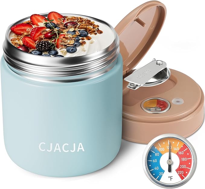 Insulated Food Jar with Temperature Display - 15.2 Oz, Thermo for Hot Food, Soup Thermo, Termos Para Comida Caliente, Width Mouth Stainless Steel Lunch Box with Folding Spoon, Blue