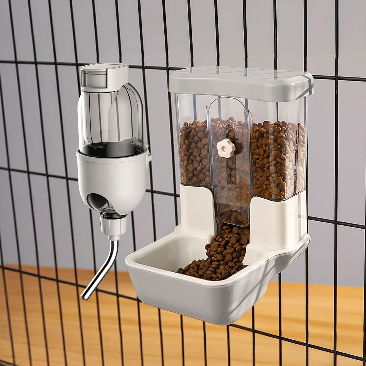 Automatic Pet Food Water Dispenser, Auto Gravity Pet Feeder Water Bottle Set for Crate Cage, Feeding Station for Small Dog Cat Rabbit Guinea Pigs Chinchilla Ferret Hedgehog (Gray)