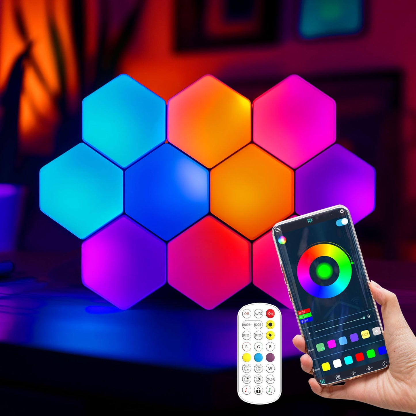 SLARY 10Pcs RGB Hexagon Light Panels LED Wall Lights, Smart Modular Gaming Lights Creative Wall Lights with APP, Cool DIY Honeycomb Shape Panels Hexagon Lights with Music Sync for Indoor Decor