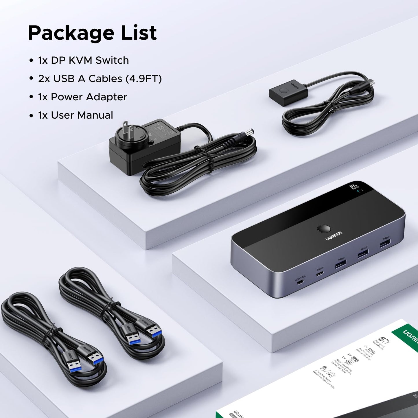 UGREEN 8K@60Hz Displayport KVM Switch 2 Monitors 2 Computers, Aluminum with 4 USB 3.0 Ports for 2 Computers Share Dual Monitors Keyboard Mouse Printer with 2 USB Cables/Power Adapter/Controller