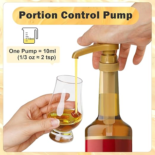 Coffee Syrup Pump for 750 ml Bottle – 4 Pack Syrup Dispenser Pumps Compatible with Torani, Skinny, Davinci – No Clog, Precise Dispensing, Includes 4 Tip Covers – for Coffee Bar, Kitchen, Gold