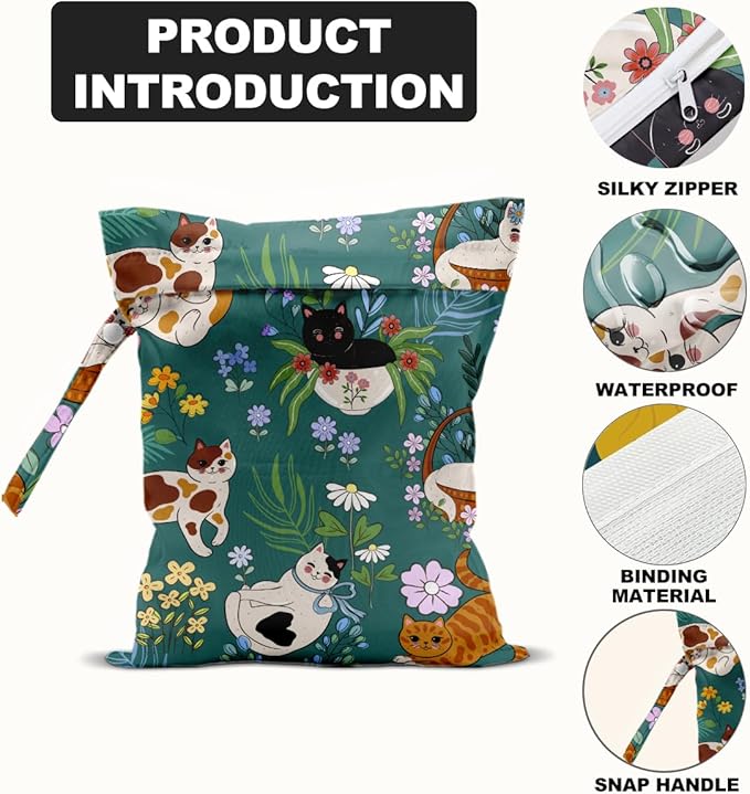 Cat Lover Gifts, 2Pcs Mushroom Cat Print Wet Bags, Wet Dry Bag Reusable Zipper Pouch for Swimsuit, Diapers, Beach, Dirty Yoga Gym Clothes, Toiletries, Waterproof Birthday Christmas Gifts
