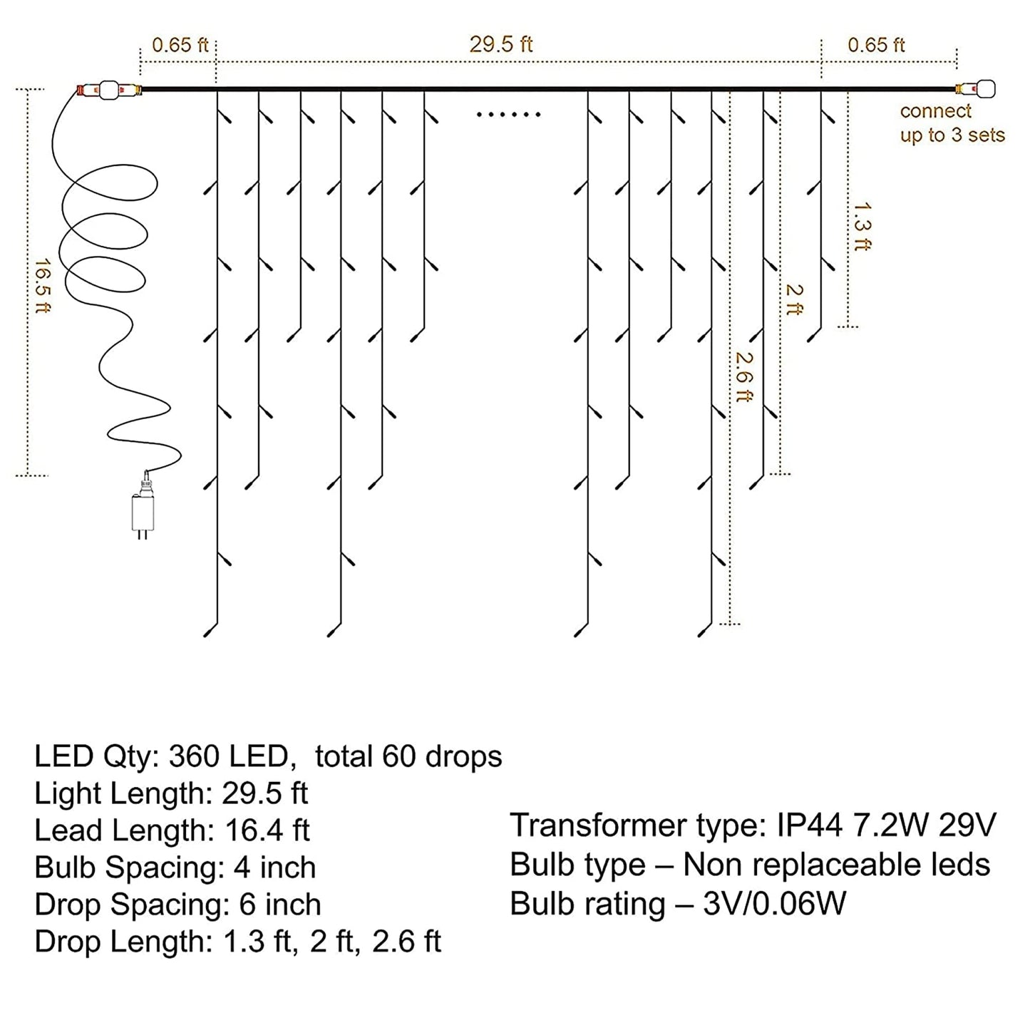 Dazzle Bright 360 LED Christmas Icicle Lights, 29.5 FT, 8 Modes, Connectable, White, Model HB-360BCOI