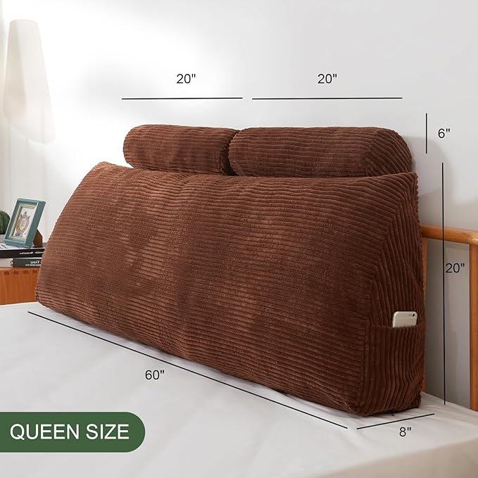 HIGOGOGO Wedge Headboard Pillow, Bed Rest Reading Pillow, Backrest Positioning Support Bolster Cushion with Removable Cover,Queen Size 60X20.4X8.4,Coffee