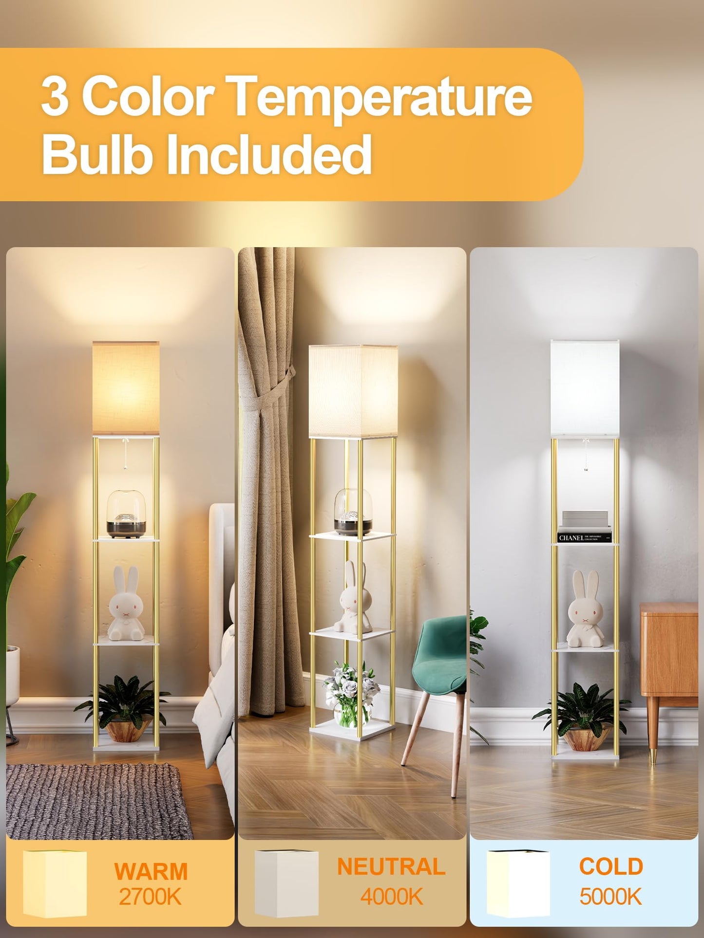 PARTPHONER Modern Floor Lamp with Shelves, White Linen Shade, Marble White and Gold, Model PAFP117AJ1