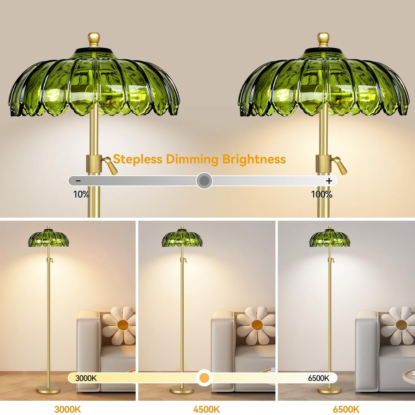 ZECOXOL Vintage Floor Lamp with Remote Control, Brass Flower Design, 11.8 inch, Green, Model 001, Mid Century Modern