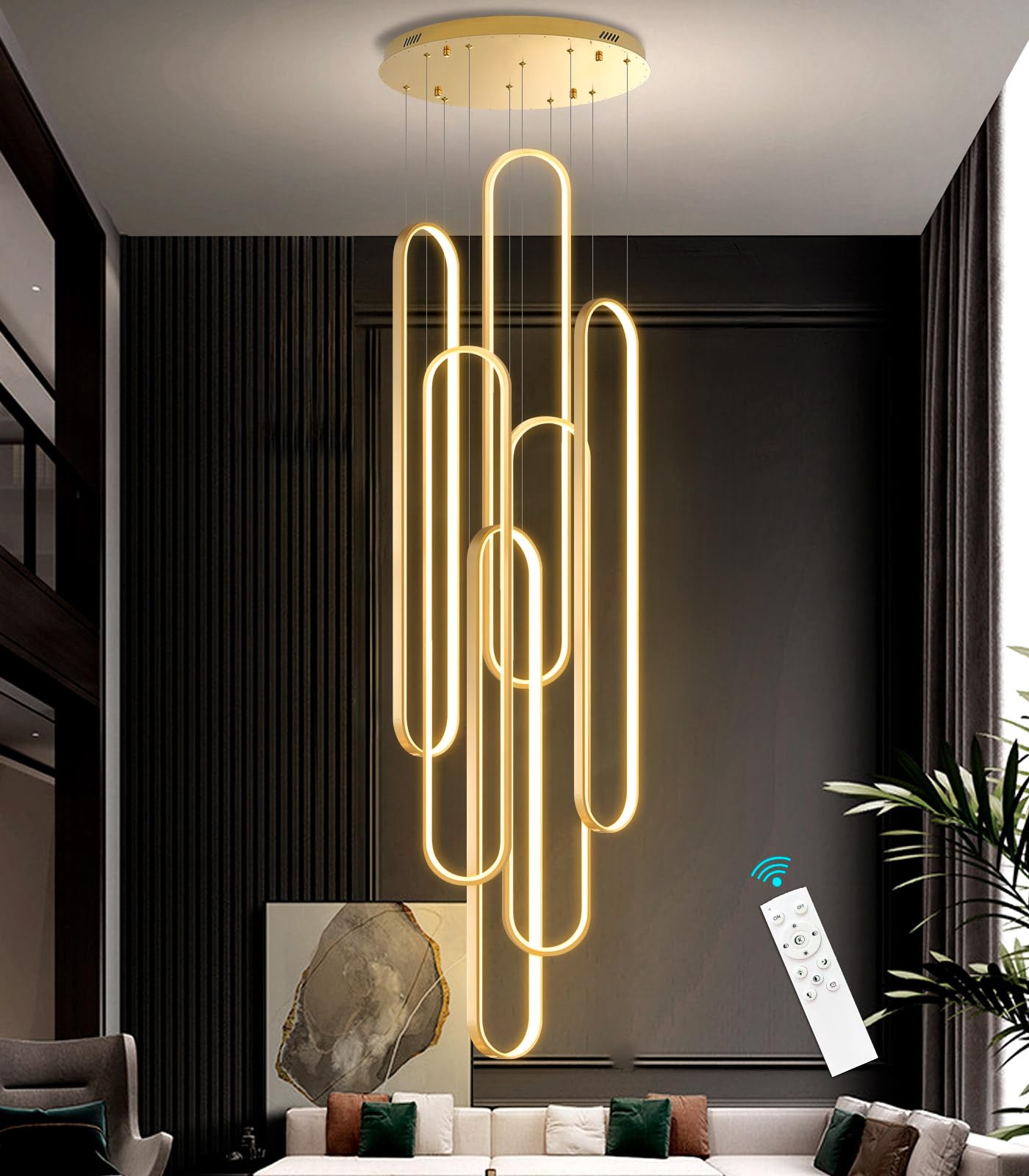 dolria 6-Rings Chandelier, Dimmable LED Light, Gold, 40in x 7.9in x 138in, Model PC1013-6*100G