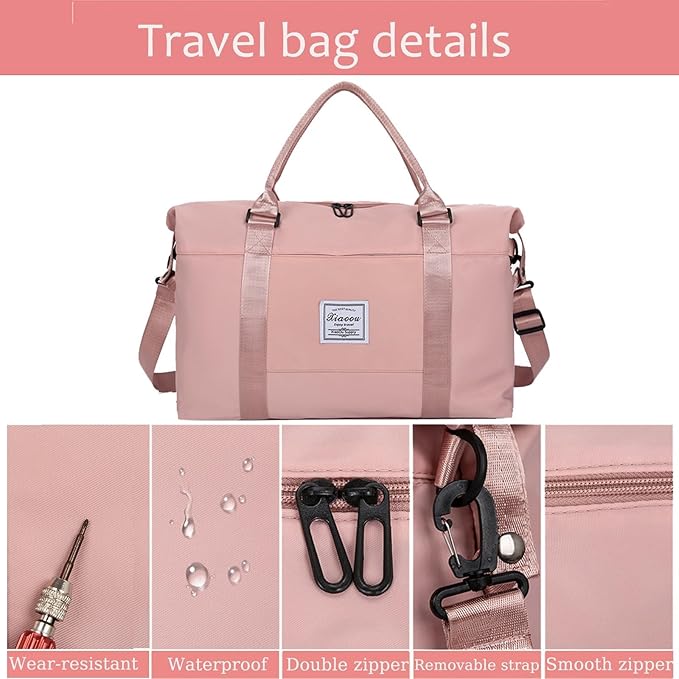 KARRESLY Travel Duffel Bag for Women,Shoulder Weekender Overnight Bag Sports Gym Tote Bag,Waterproof(Dark Pink) free size