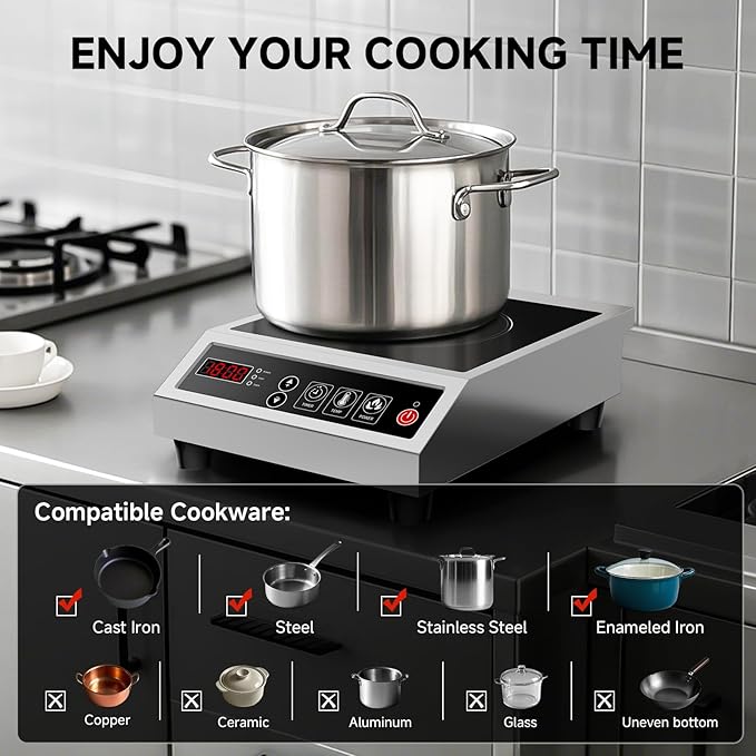 Induction Cooktop Commercial 1800W, Portable Countertop Burner with 8" Fast Heating Coil, 11 Temp/Power Levels, 24H Timer Stainless Steel Electric Stove for for RV Home Kitchen