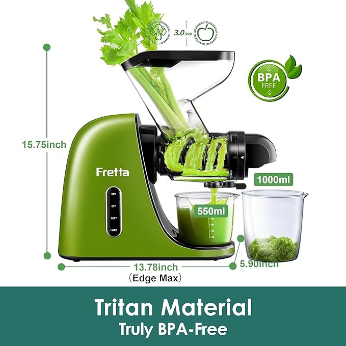 Fretta Cold Press Juicer, Masticating Slow Juicer,Juicer Machines Vegetable and Fruit, 3-Inch Wide Feeding Chute, BPA Free Easy to Clean,Quiet and Strong DC Power, 200W(Dark Green)