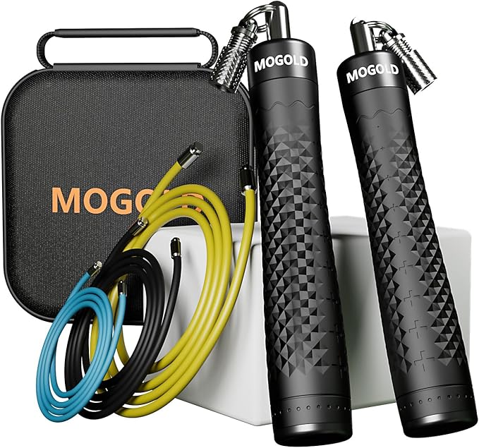 MOGOLD 1/4 lb 1/2lb Weighted Jump Rope Set, 3 PVC Rope Cords 118in, Anti-Slip Handles with Quick Release, Carrying Case, B...