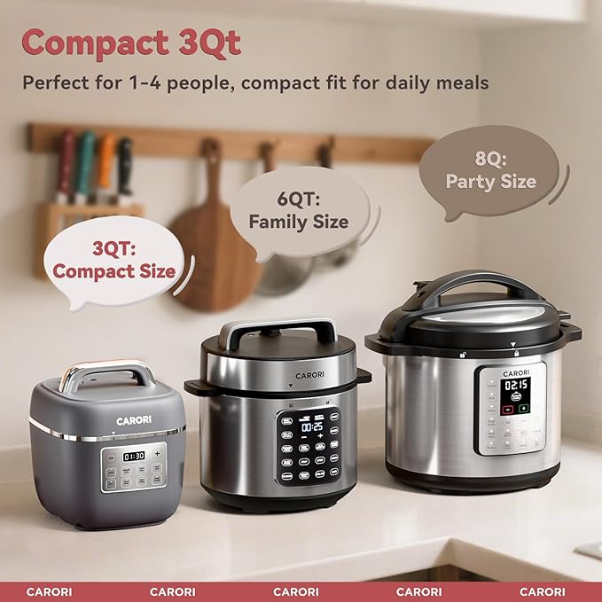 Electric Pressure Cooker 3QT, 8-Function Compact Multi-Cooker with Ceramic Nonstick Pot for Saute, Pressure Cook, Slow Cook, Meat Stew, Rice, Delay Start, Keep Warm, Safe Venting, Gray