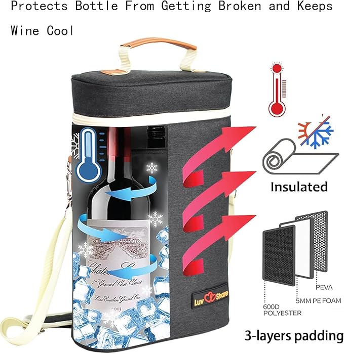 Insulated Wine Carrier Bag 2 Bottle Wine Cooler Tote Bag for Travel, Party, Beach, Wedding, Wine Accessories Gift for Wine Lovers