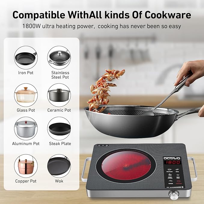 OCTAVO 1800 Watt Portable Infrared Burner, electric burner with 4 Hours Timer, Electric Hot Plate Touch Control Panel Adjustable Heating Power, Glass Cooktop for Cooking