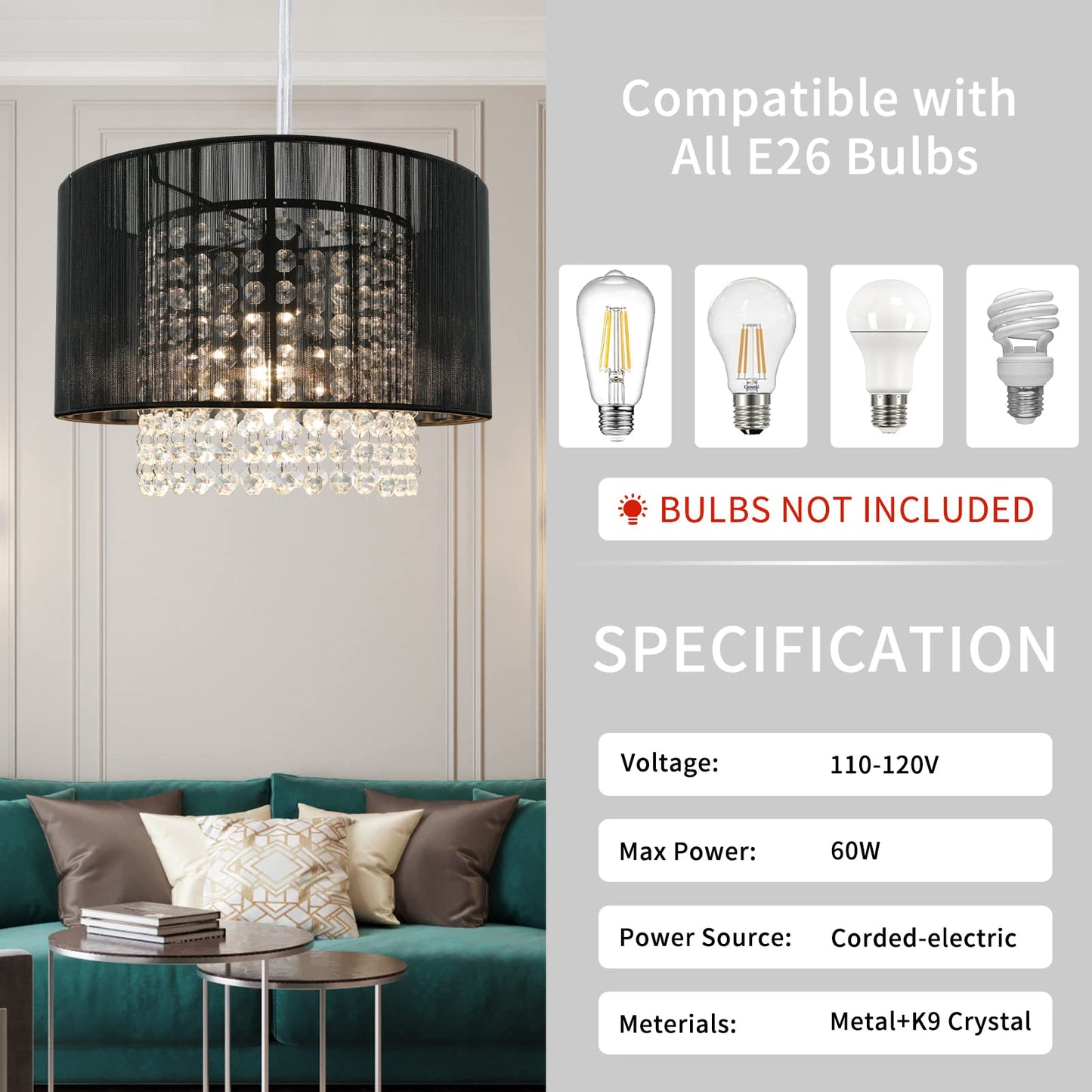 Tislyco Plug In Chandelier  Crystal Chandelier Lighting With Long Cord 15Ft And On/Off Switch  Hanging Pendant Light Plug In  Hanging Lamps That Plug Into Wall Outlet For Bedroom Living Room