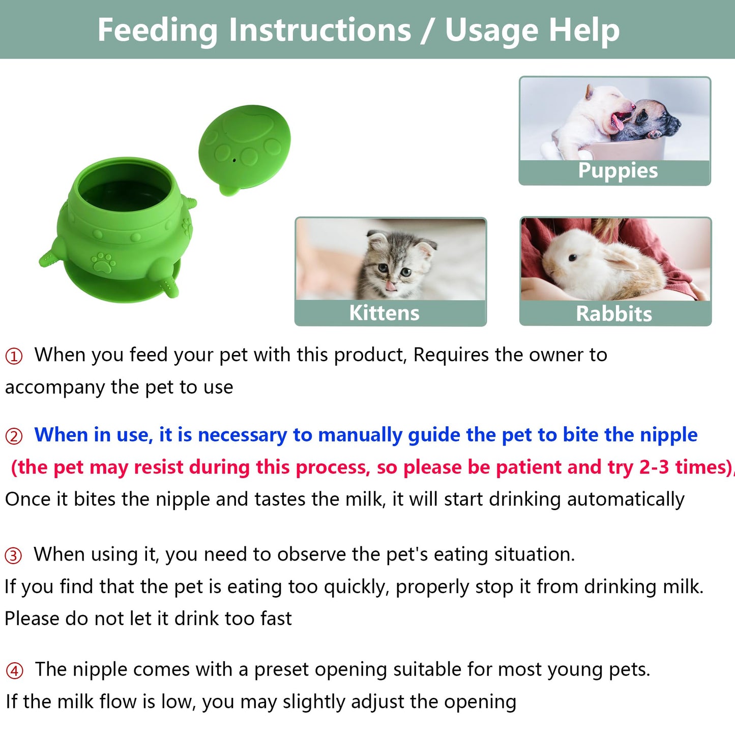Newborn Puppy and Kitten Feeder, Milk Feeding Bowl - 4-Nipple Design for Easy Nursing of Small Pets,Green