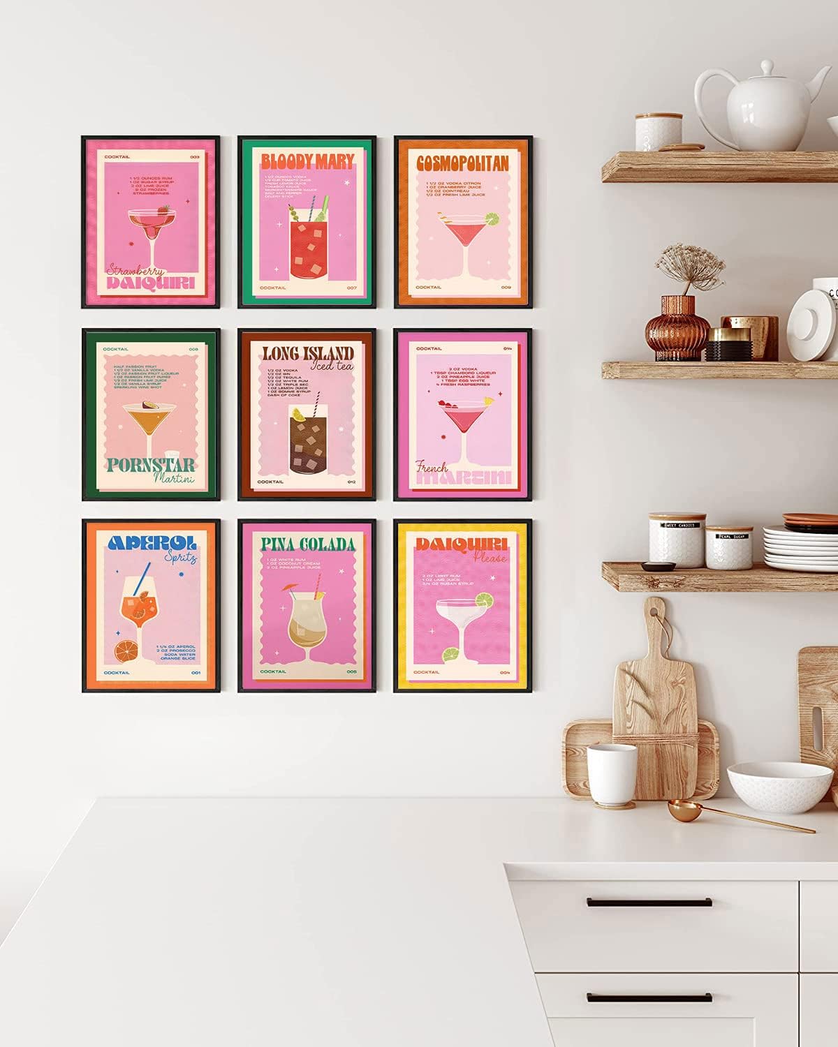 9Pcs Retro Cocktail Wall Art Colorful Alcohol Posters Prints Cute Preppy Room Aesthetic Decor Pictures for Party Apartment Dorm Bar Decoration Unframed