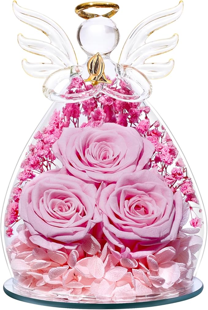 Beferr Valentines Day Rose Gifts for Her Women Mom Gifts for Birthday, Fresh Flowers for Delivery Forever Preserved Rose in Glass Angel Figurine, for Grandma Wife Daughter Girlfriend