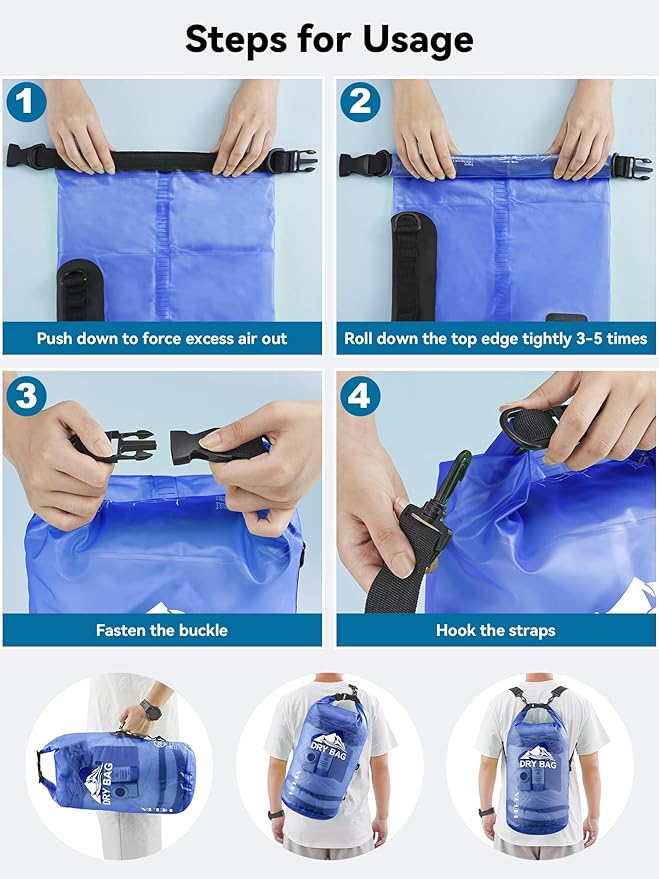 HEETA Dry Bag Waterproof for Women Men, 5L/10L/20L/30L/40L Roll Top Lightweight Dry Storage Bag Backpack with Phone Case for Travel, Swimming, Boating, Kayaking, Camping & Beach, 11 Transparent Colors