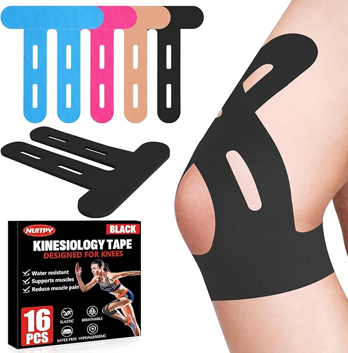 16 Pcs Kinesiology Tape for Knees, Pre Cut Knee Support & Stability, Elastic, Breathable, Latex-Free Pain Relief Athletic ...